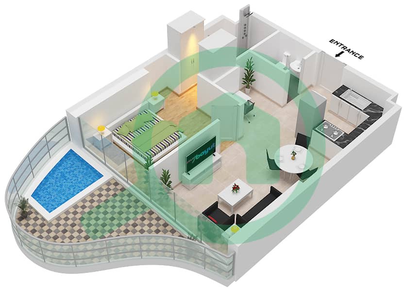 المخططات الطابقية لتصميم الوحدة 01 FLOOR 1-21, 23-42 شقة 1 غرفة نوم - أوشنز 3 Unit 01 Floor 1-21 & 23-42 interactive3D