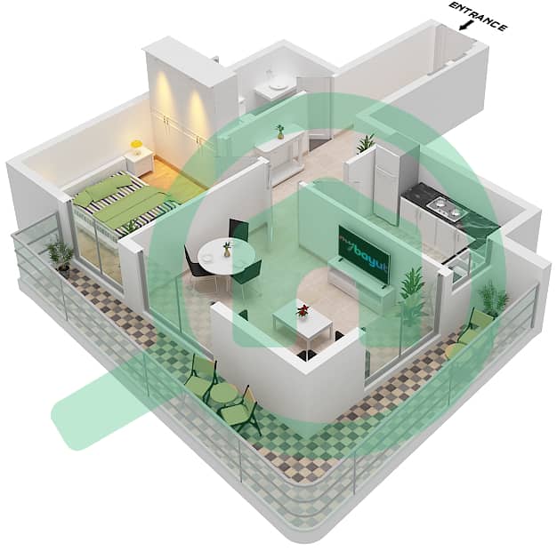 المخططات الطابقية لتصميم النموذج D شقة 1 غرفة نوم - بن غاطي نوفا interactive3D