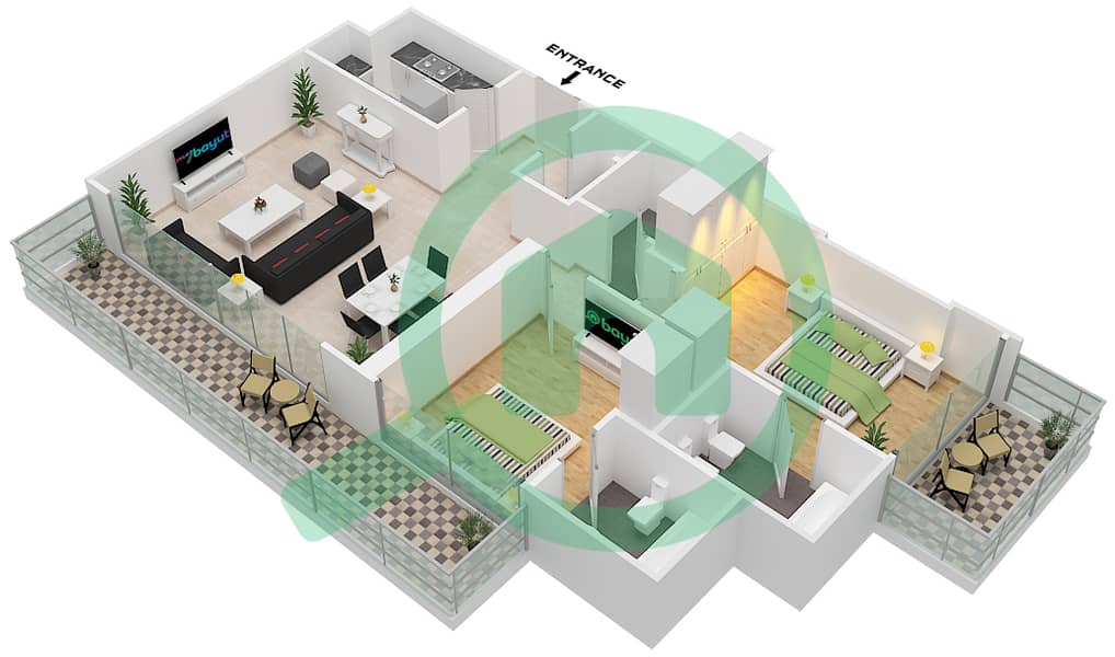 المخططات الطابقية لتصميم النموذج B شقة 2 غرفة نوم - تو تاورز برج B interactive3D