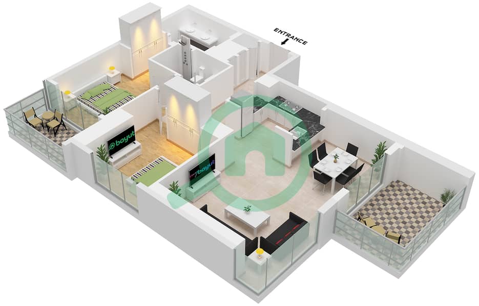 المخططات الطابقية لتصميم الوحدة 1 FLOOR 2-10 شقة 2 غرفة نوم - برج كريك رايز 2 Unit 01 Floor 2-10 interactive3D