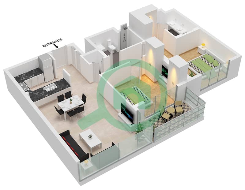 المخططات الطابقية لتصميم الوحدة 2,7 FLOOR 2-10 شقة 2 غرفة نوم - برج كريك رايز 2 Unit 2 Floor 2-10, 12-27
Unit 7 Floor 2-10 interactive3D