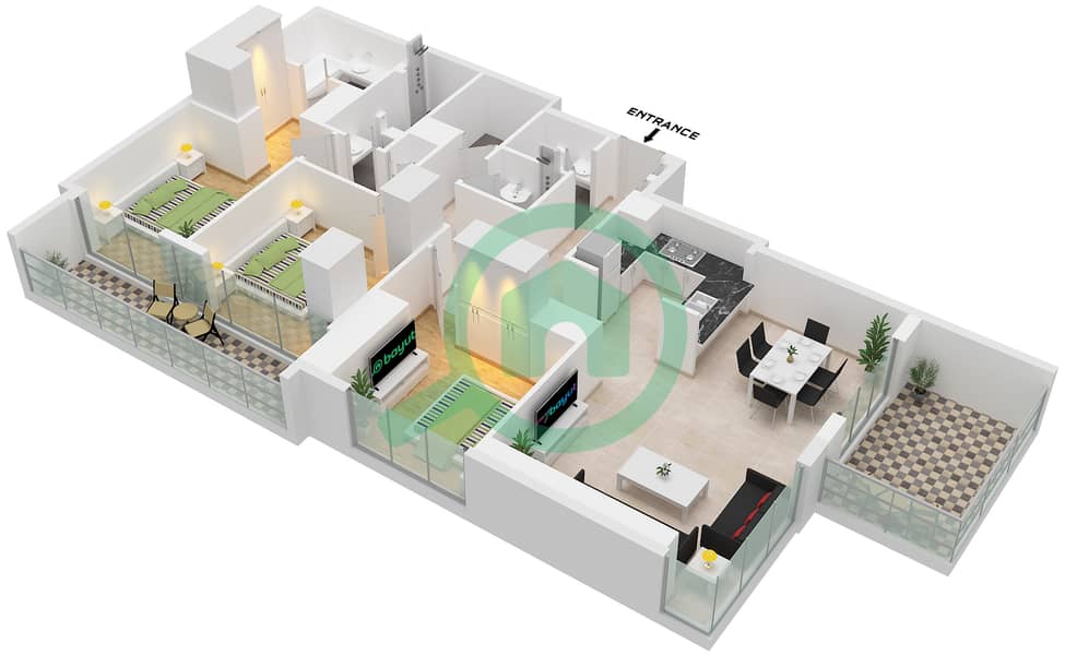 المخططات الطابقية لتصميم الوحدة 1,5 FLOOR 12-27 شقة 3 غرف نوم - برج كريك رايز 2 Unit 1, 5 Floor 12-27 interactive3D