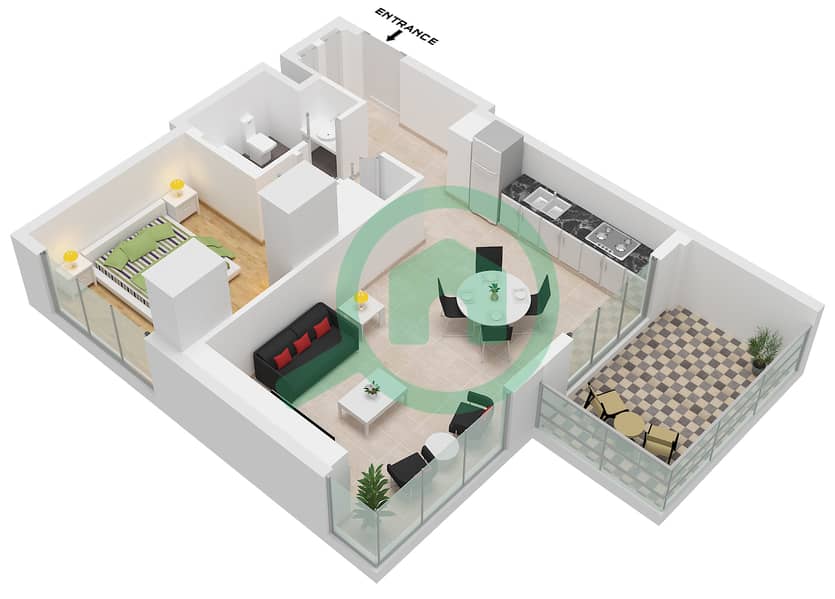 溪畔2号大厦 - 1 卧室公寓单位6 FLOOR 2-10戶型图 Unit 06 Floor 2-10 interactive3D