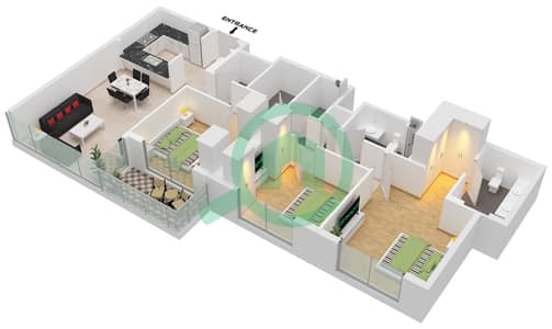 المخططات الطابقية لتصميم الوحدة 6 FLOOR 12-27 شقة 3 غرف نوم - برج كريك رايز 2