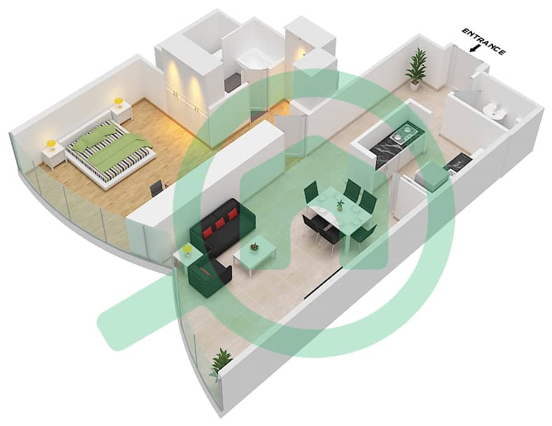 المخططات الطابقية لتصميم النموذج C 936 SQF شقة 1 غرفة نوم - برج خليفة interactive3D