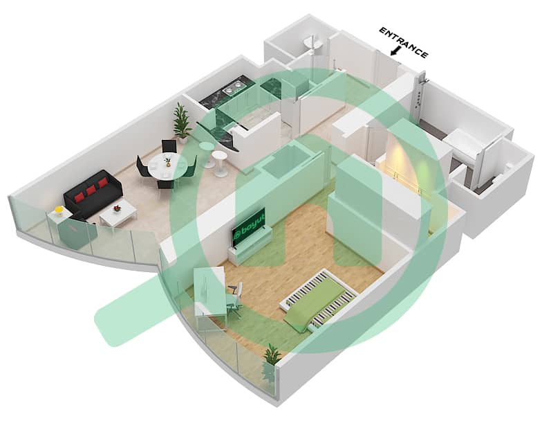 Burj Khalifa - 1 Bedroom Apartment Type J 1096 SQF Floor plan interactive3D