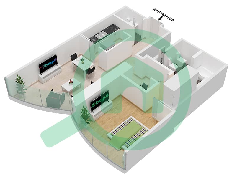 Burj Khalifa - 1 Bedroom Apartment Type E 1098 SQF Floor plan interactive3D