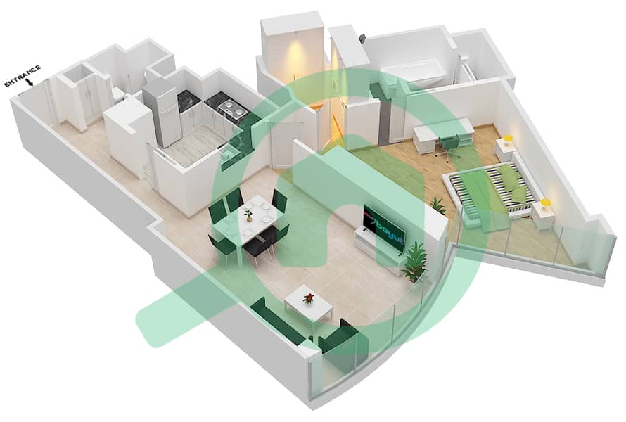 哈利法塔 - 1 卧室公寓类型G 1138 SQF戶型图 interactive3D
