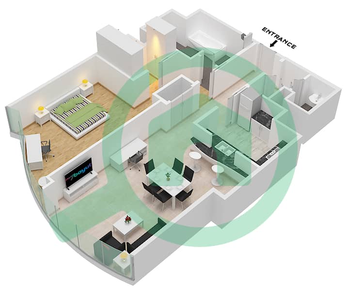 المخططات الطابقية لتصميم النموذج B 1173 SQF شقة 1 غرفة نوم - برج خليفة interactive3D