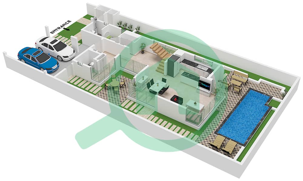المخططات الطابقية لتصميم النموذج / الوحدة A / 3BR فيلا تجارية 3 غرف نوم - ذا إيكرز Ground Floor interactive3D