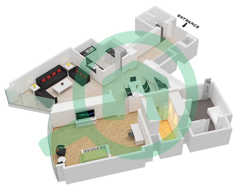 المخططات الطابقية لتصميم النموذج H 1388 SQF شقة 1 غرفة نوم - برج خليفة interactive3D