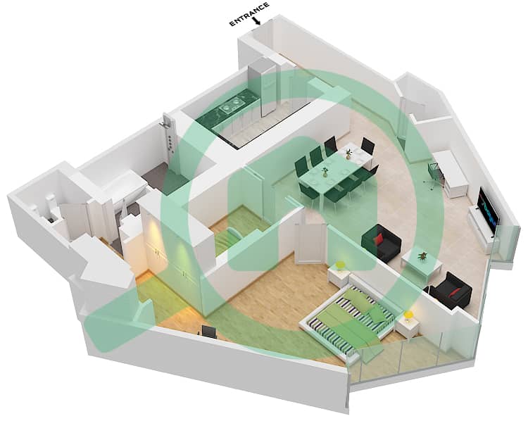 المخططات الطابقية لتصميم النموذج R 1406 SQF شقة 1 غرفة نوم - برج خليفة interactive3D