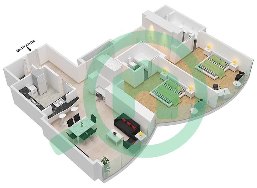 المخططات الطابقية لتصميم النموذج A 1428 SQF شقة 2 غرفة نوم - برج خليفة interactive3D