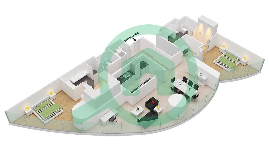 المخططات الطابقية لتصميم النموذج A 1546 SQF شقة 2 غرفة نوم - برج خليفة interactive3D