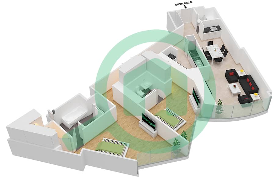 المخططات الطابقية لتصميم النموذج U 1613 SQF شقة 2 غرفة نوم - برج خليفة interactive3D