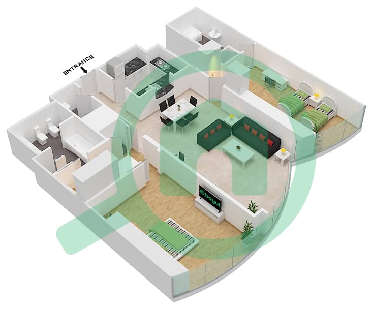 المخططات الطابقية لتصميم النموذج Q 1578 SQF شقة 2 غرفة نوم - برج خليفة interactive3D