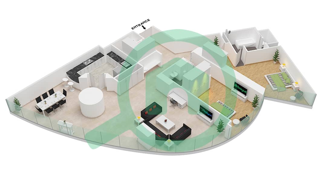 Burj Khalifa - 2 Bedroom Apartment Type 44TI 2108 SQF Floor plan interactive3D