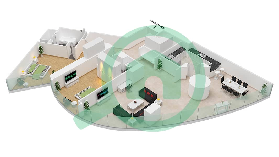 المخططات الطابقية لتصميم النموذج 44TI 2108 SQF FLIP شقة 2 غرفة نوم - برج خليفة interactive3D