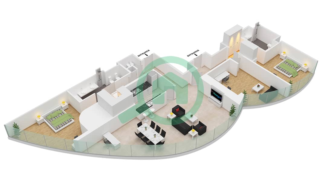المخططات الطابقية لتصميم النموذج C 2008 SQF شقة 2 غرفة نوم - برج خليفة interactive3D