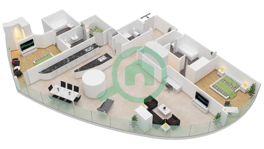 المخططات الطابقية لتصميم النموذج L 2033 SQF شقة 2 غرفة نوم - برج خليفة