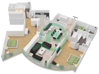 المخططات الطابقية لتصميم النموذج B 2038 SQF شقة 2 غرفة نوم - برج خليفة
