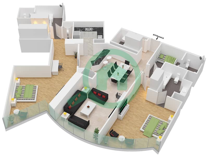 Burj Khalifa - 2 Bedroom Apartment Type B 2038 SQF Floor plan interactive3D