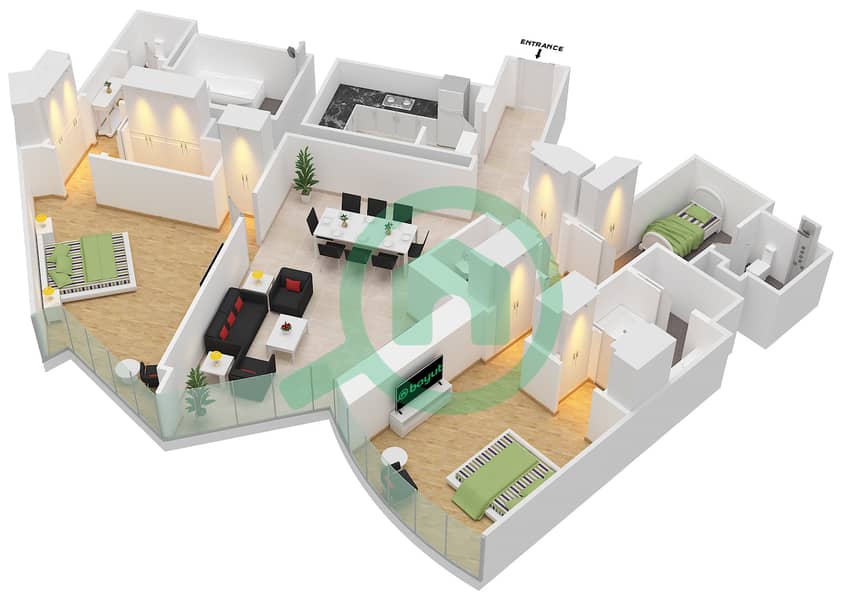 哈利法塔 - 2 卧室公寓类型G 2056 SQF戶型图 interactive3D