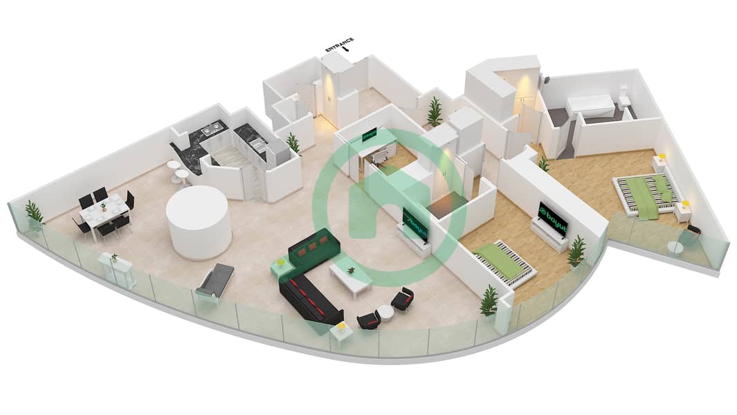 المخططات الطابقية لتصميم النموذج J 2109 SQF شقة 2 غرفة نوم - برج خليفة interactive3D