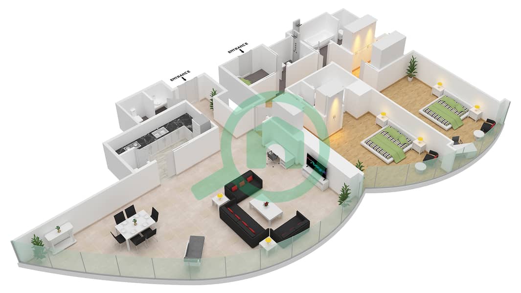 المخططات الطابقية لتصميم النموذج P 2203 SQF شقة 2 غرفة نوم - برج خليفة interactive3D
