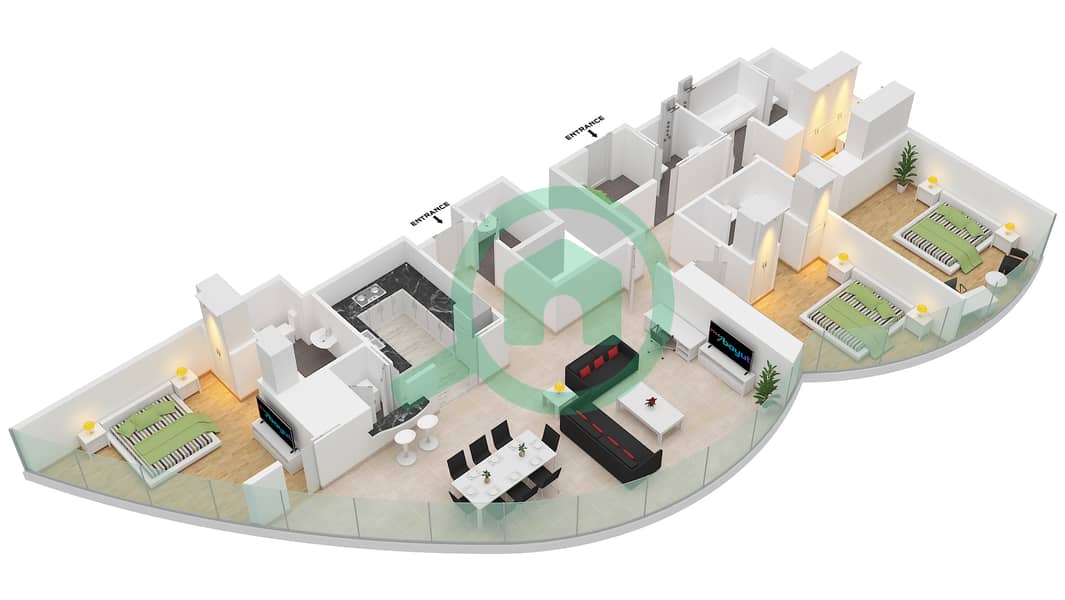 哈利法塔 - 3 卧室公寓类型B 2323 SQF戶型图 interactive3D