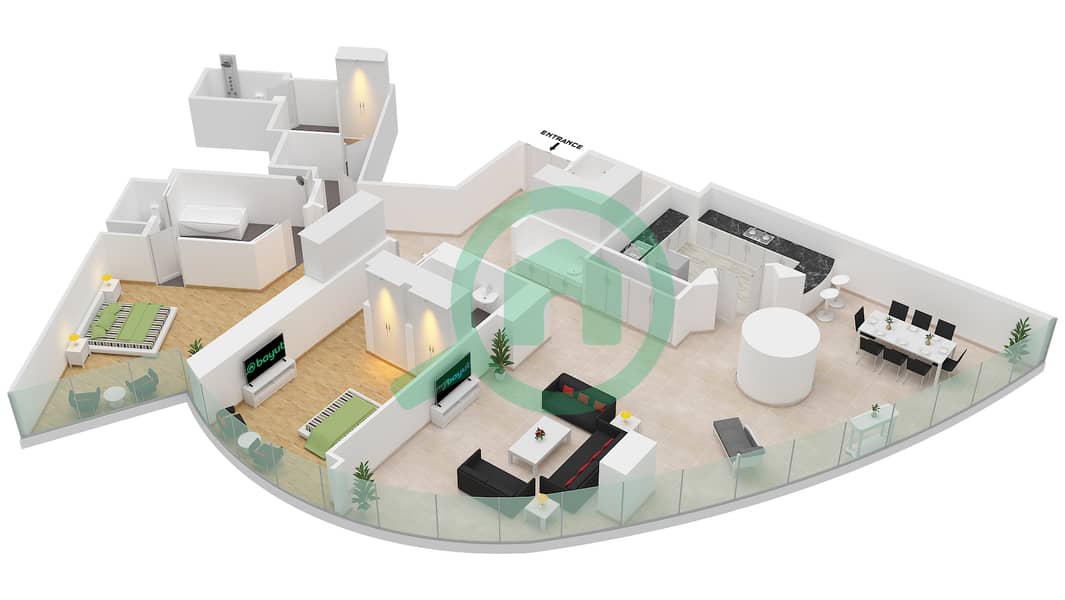 المخططات الطابقية لتصميم النموذج 47WI 2298 SQF شقة 2 غرفة نوم - برج خليفة interactive3D