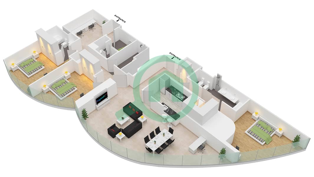 المخططات الطابقية لتصميم النموذج A 2333 SQF شقة 3 غرف نوم - برج خليفة interactive3D