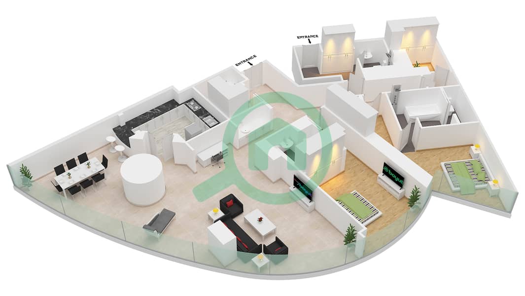 المخططات الطابقية لتصميم النموذج 42RI 2358 SQF شقة 2 غرفة نوم - برج خليفة interactive3D