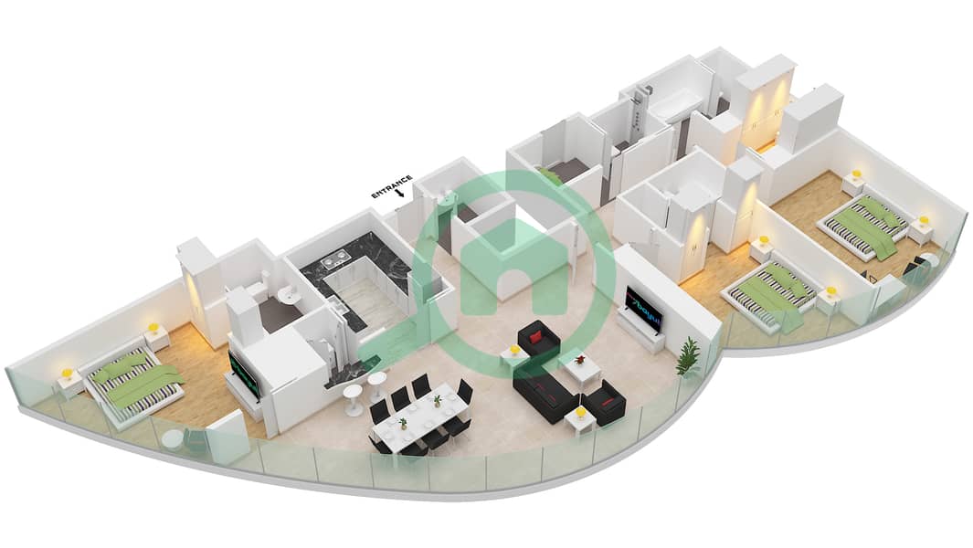 المخططات الطابقية لتصميم النموذج B-2323 SQF شقة 3 غرف نوم - برج خليفة interactive3D