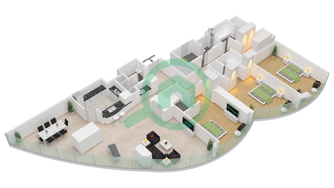 المخططات الطابقية لتصميم النموذج C 2663 SQF شقة 3 غرف نوم - برج خليفة interactive3D