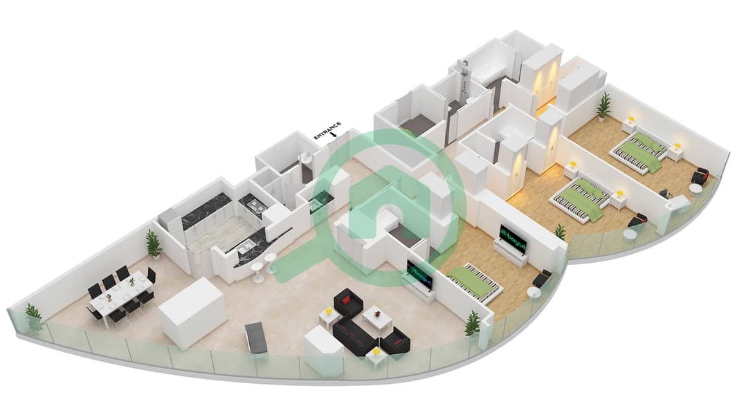 المخططات الطابقية لتصميم النموذج D 2663 SQF شقة 3 غرف نوم - برج خليفة interactive3D