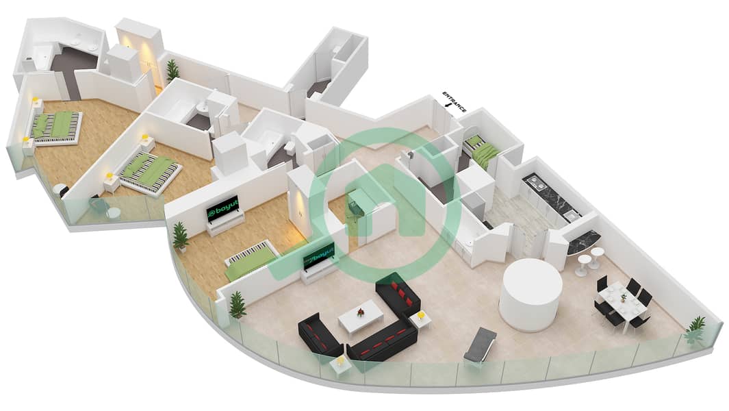 المخططات الطابقية لتصميم النموذج G 2728 SQF شقة 3 غرف نوم - برج خليفة interactive3D