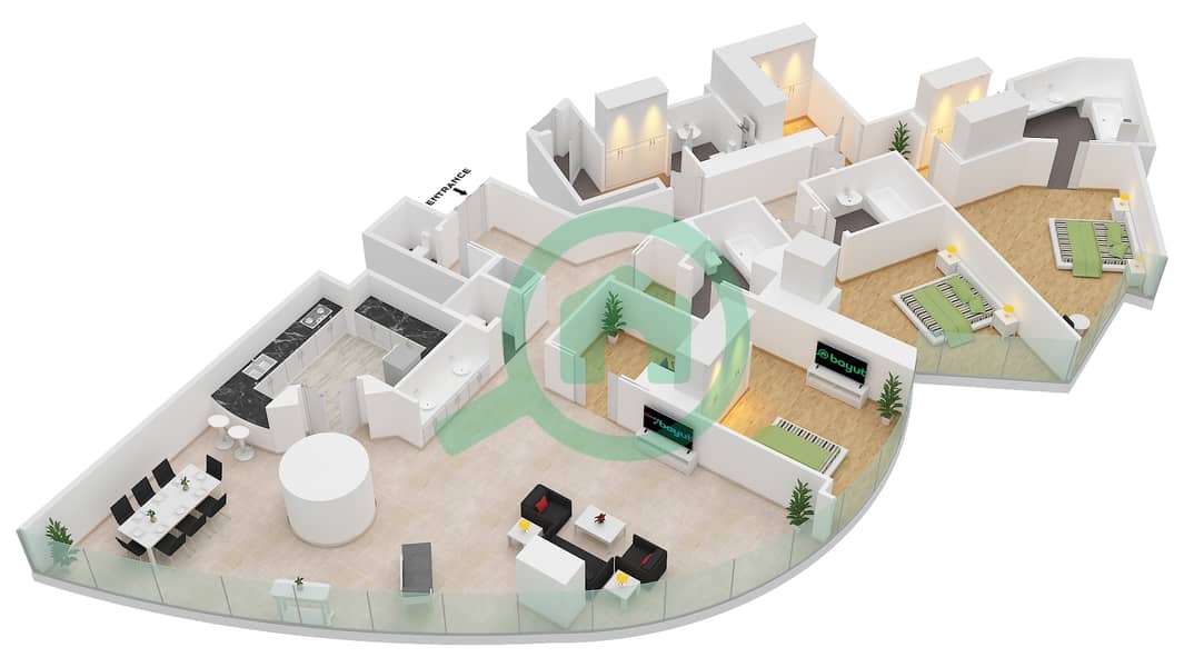 المخططات الطابقية لتصميم النموذج H 2923 SQF شقة 3 غرف نوم - برج خليفة interactive3D