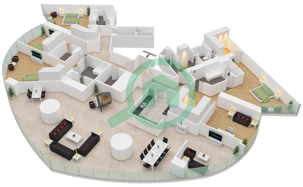 المخططات الطابقية لتصميم النموذج E 4596 SQF شقة 4 غرف نوم - برج خليفة interactive3D