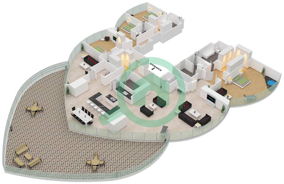 المخططات الطابقية لتصميم النموذج B 4983 SQF شقة 4 غرف نوم - برج خليفة interactive3D