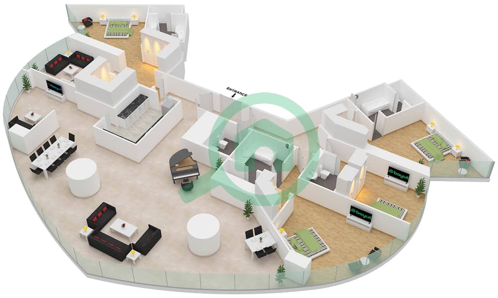 المخططات الطابقية لتصميم النموذج C 4279 SQF شقة 4 غرف نوم - برج خليفة interactive3D