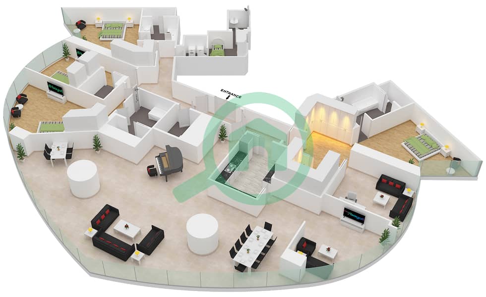 المخططات الطابقية لتصميم النموذج F 4493 SQF شقة 4 غرف نوم - برج خليفة interactive3D