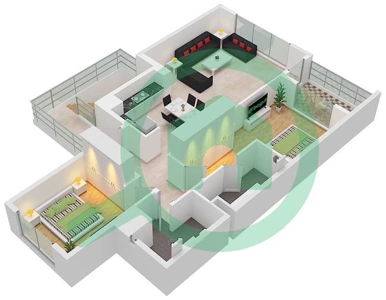 Urbana I - 2 Bedroom Townhouse Unit MID UNIT FIRST FLOOR Floor plan First Floor interactive3D