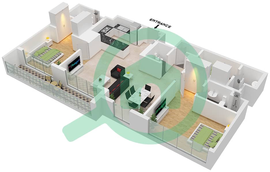 Крест Гранде - Апартамент 2 Cпальни планировка Тип/мера B/UNIT 11,6/FLOOR 7-12,13 Type B Unit 11,6 Floor 7-12,13 interactive3D