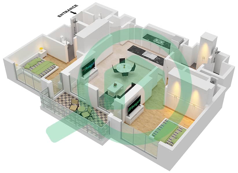 Крест Гранде - Апартамент 2 Cпальни планировка Тип/мера F / UNIT 6 FLOOR 7-12 Type F Unit 6 Floor 7-12 interactive3D