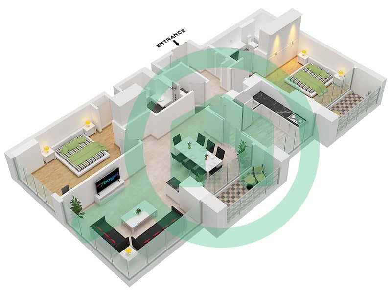 ДИФК Ливинг - Апартамент 2 Cпальни планировка Тип C / FLOOR 19-29 Floor 19-29 interactive3D