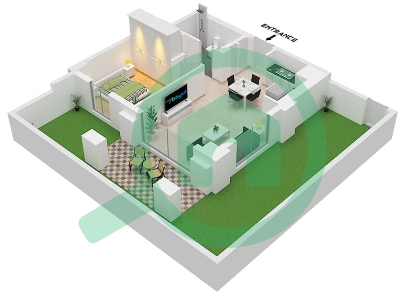 المخططات الطابقية لتصميم الوحدة 2 FLOOR 1 شقة 1 غرفة نوم - بايشور 3 Unit 2 Floor 1 interactive3D