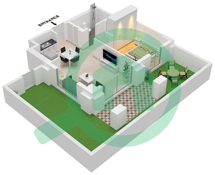 المخططات الطابقية لتصميم الوحدة 3 FLOOR 1 شقة 1 غرفة نوم - بايشور 3 Unit 3 Floor 1 interactive3D