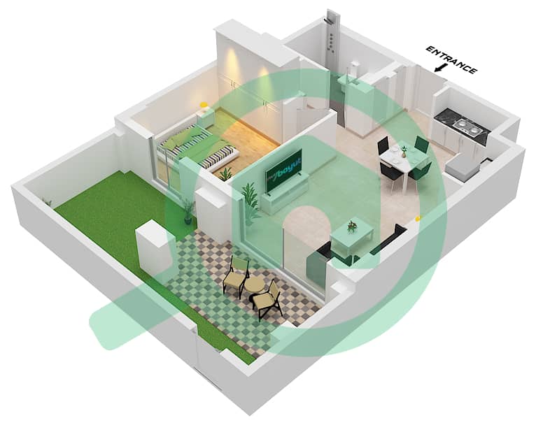 المخططات الطابقية لتصميم الوحدة 4 FLOOR 1 شقة 1 غرفة نوم - بايشور 3 Unit 4 Floor 1 interactive3D