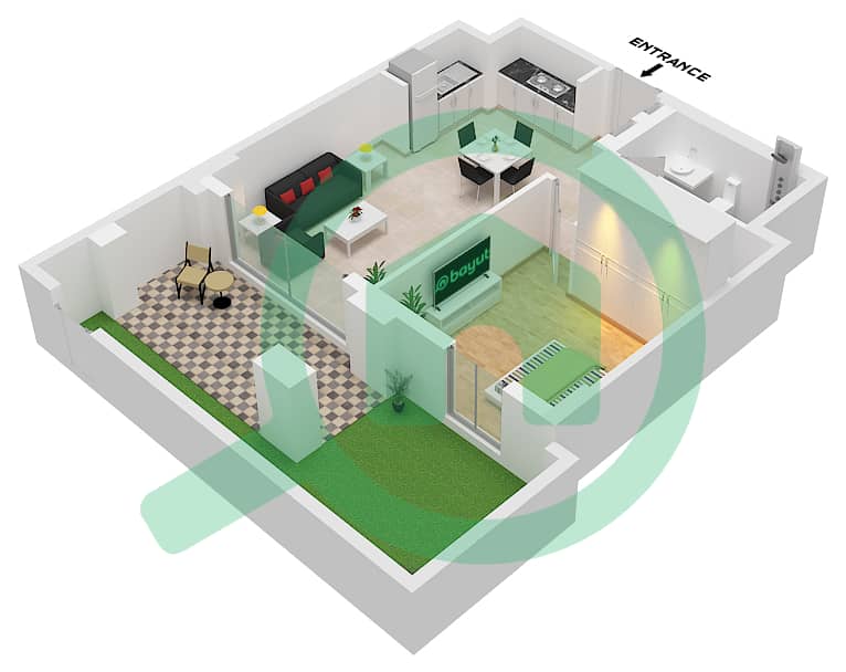 المخططات الطابقية لتصميم الوحدة 5 FLOOR 1 شقة 1 غرفة نوم - بايشور 3 Unit 5 Floor 1 interactive3D
